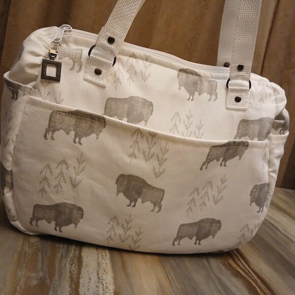 New Canvas Aztec Boho Buffalo Bison Shoulder Bag Purse White Gray Tote Carryall - Picture 2 of 7